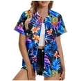 thumbnail image 2 of Horkkom Button Down Shirts for Women Summer Plus Size Short Sleeve Hawaiian Shirts Casual Floral Print V Neck Cardigan Blue L, 2 of 5
