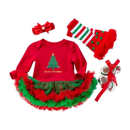 KAOOCXU Toddler Baby Girls Christmas Outfit 1st Xmas Tutu Romper Dress Headband Shoes Socks 4pcs Comfort Footwear