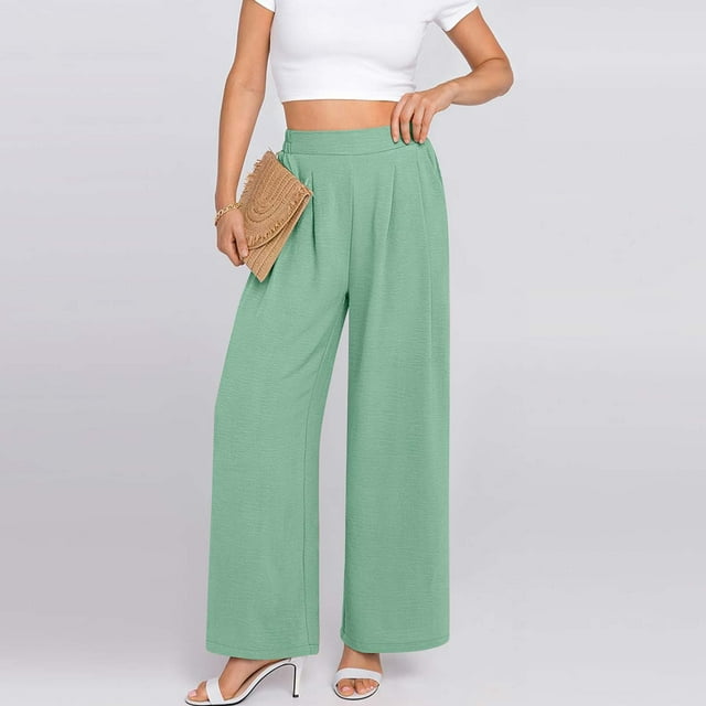 AherBiu Womens Pants Summer Ruched High Waisted Wide Leg Solid Color Slacks Pants with Pockets