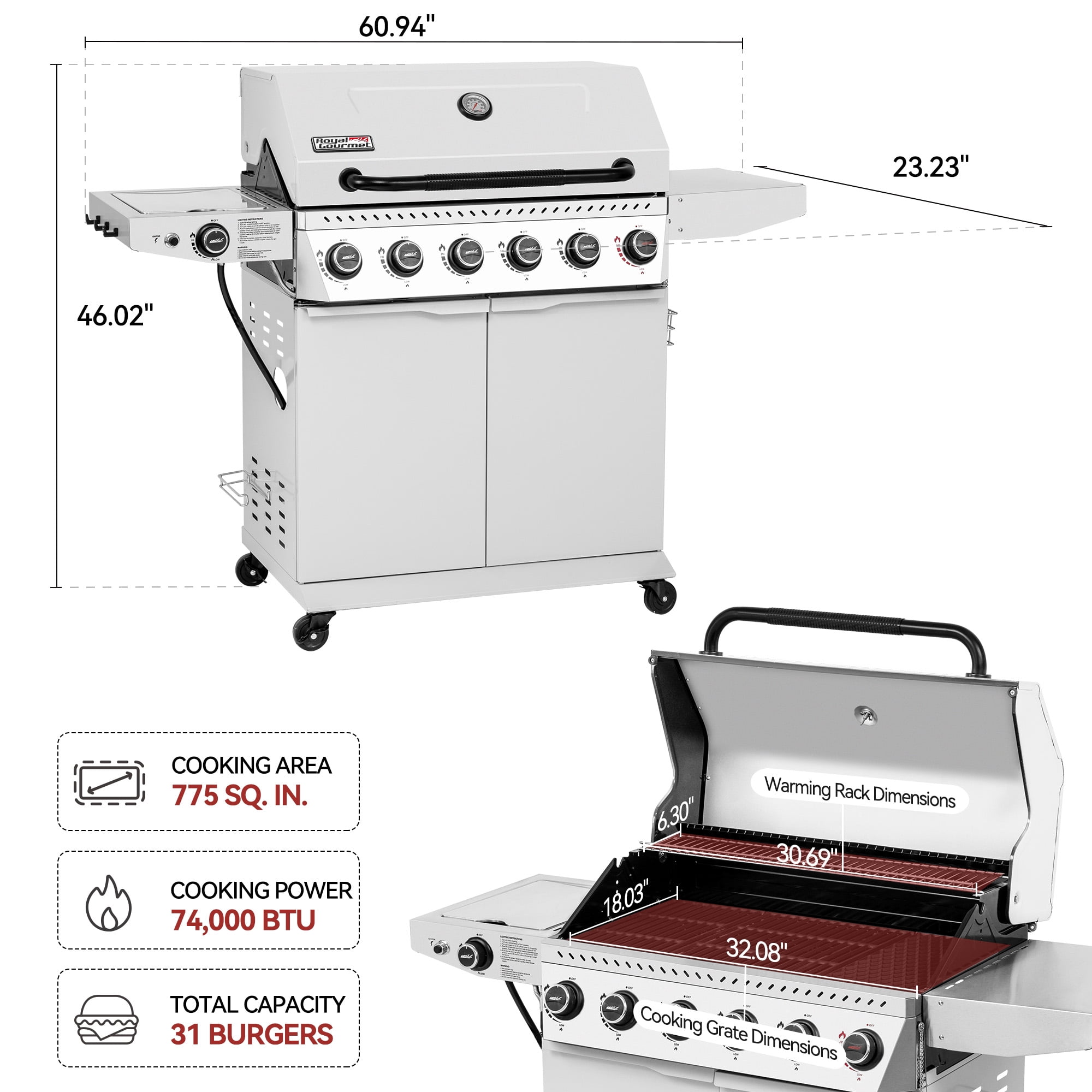 Royal Gourmet GA6406W 6-Burner BBQ Gas Grill, with Sear Burner and Side Burner, Cabinet Style Grill, 74,000 BTU, White