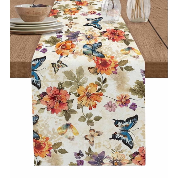 Ldtrchee Butterflly Flowers Table Runner 48 Inches, Retro Floral Leaves Botanical Plant Bed Runner Dresser Scarves Tabletop for Indoor Outdoor Parties/Ceremony/Banquet, 13" x 48"