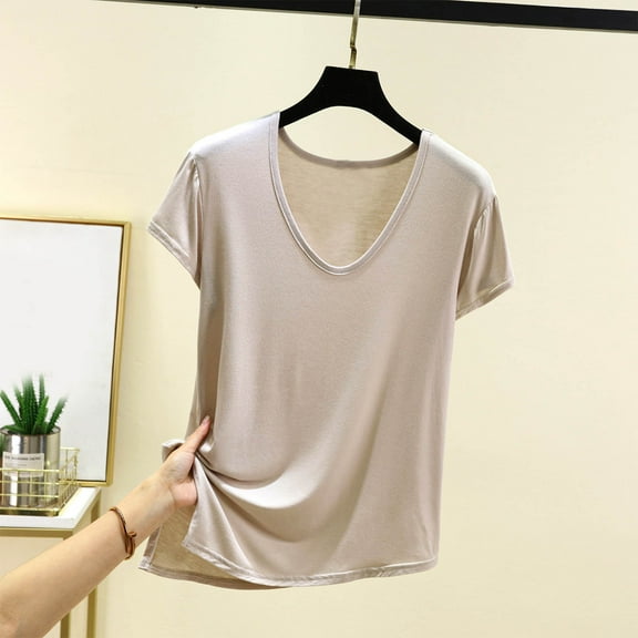 QUNYINEY Short Sleeve Womens T Shirts Crew Neck Solid Casual Tops Split Hem Pullover Loose Shirts