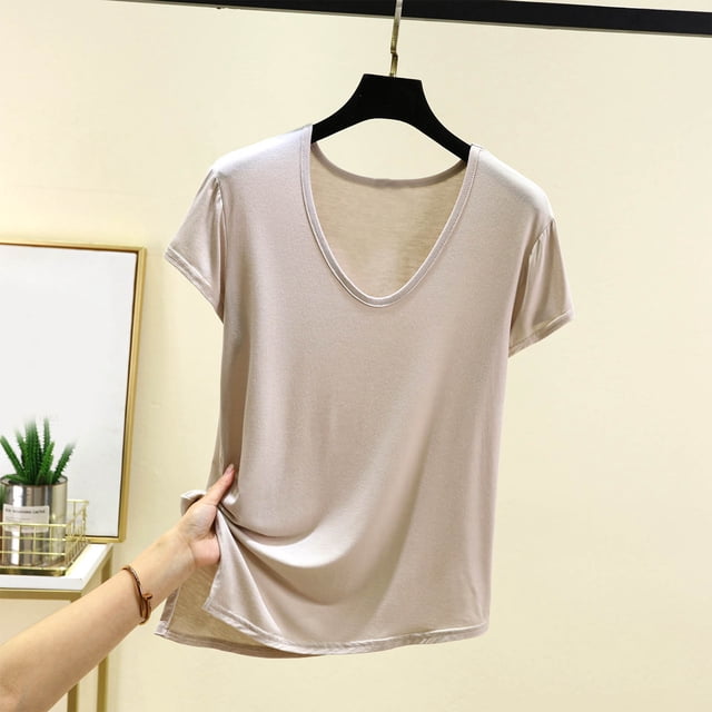 JMKQLZ T-shirt Décontracté pour Femmes à Manches Courtes, Col Rond, Fendu, Couleur Unie, Blouse de Maison
