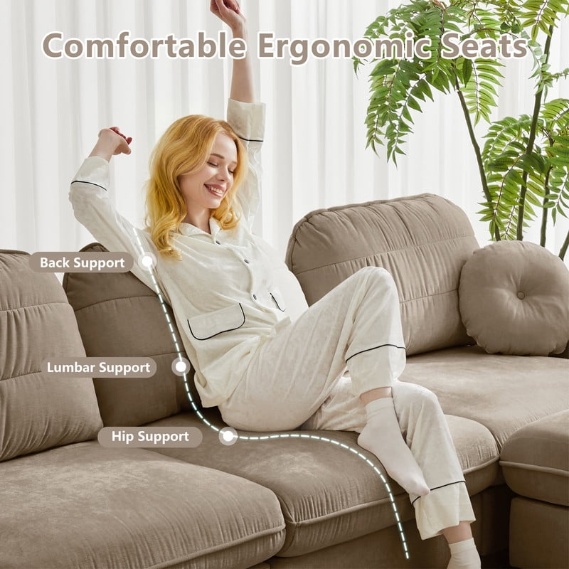 Chenille Modular Sofa with Ottoman, 2-Seater Deep Seat Cloud Couch, Convertible Sectional Sofa with Quilted Cushions & Round Pillows, Modern Sofa for Living Room, Apartment,Coffee