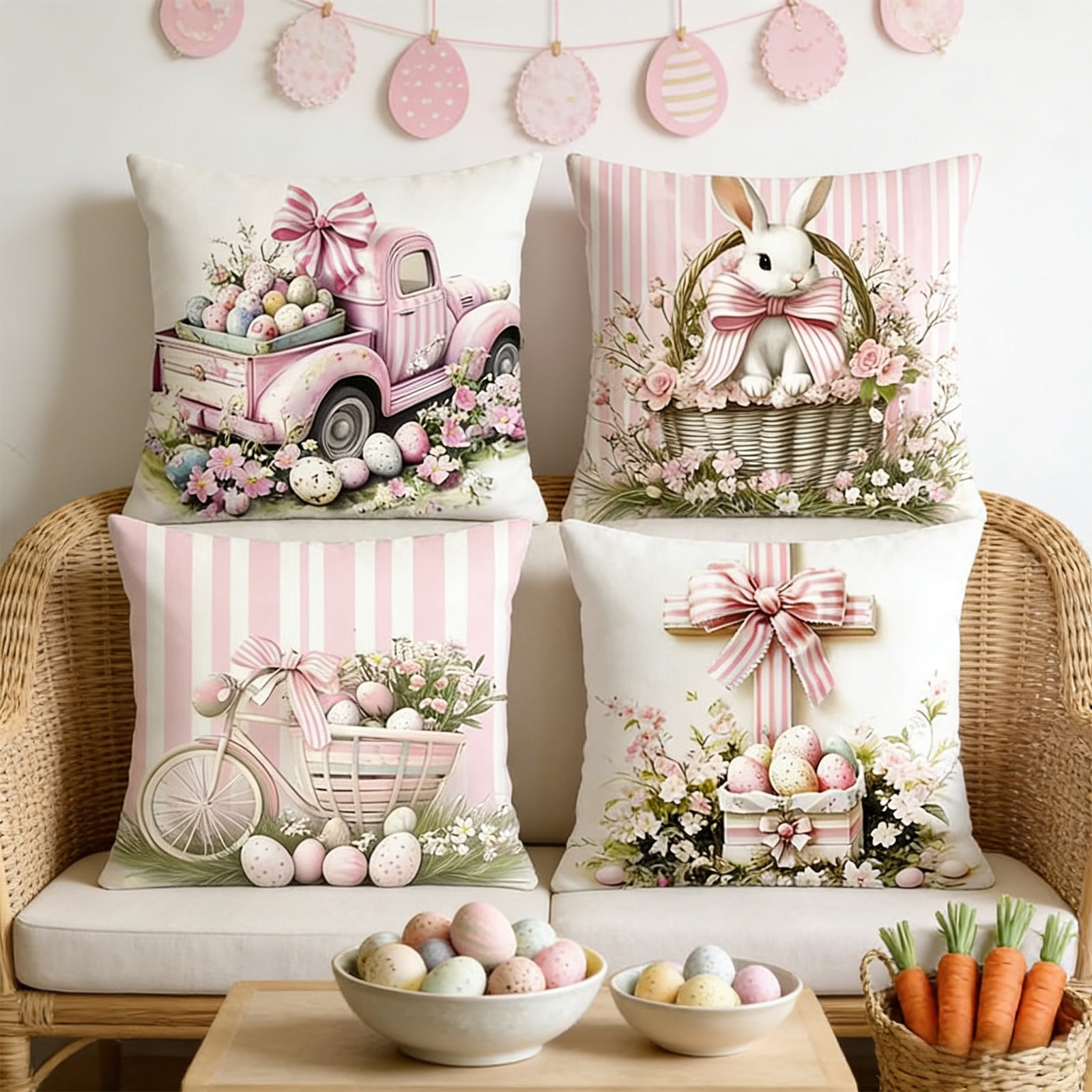 Set of 4 Easter Throw Pillow Covers 18x18 Inch, Linen-Like Bunny and Easter Egg Print Pillowcases for Sofa Couch Spring Home Decor