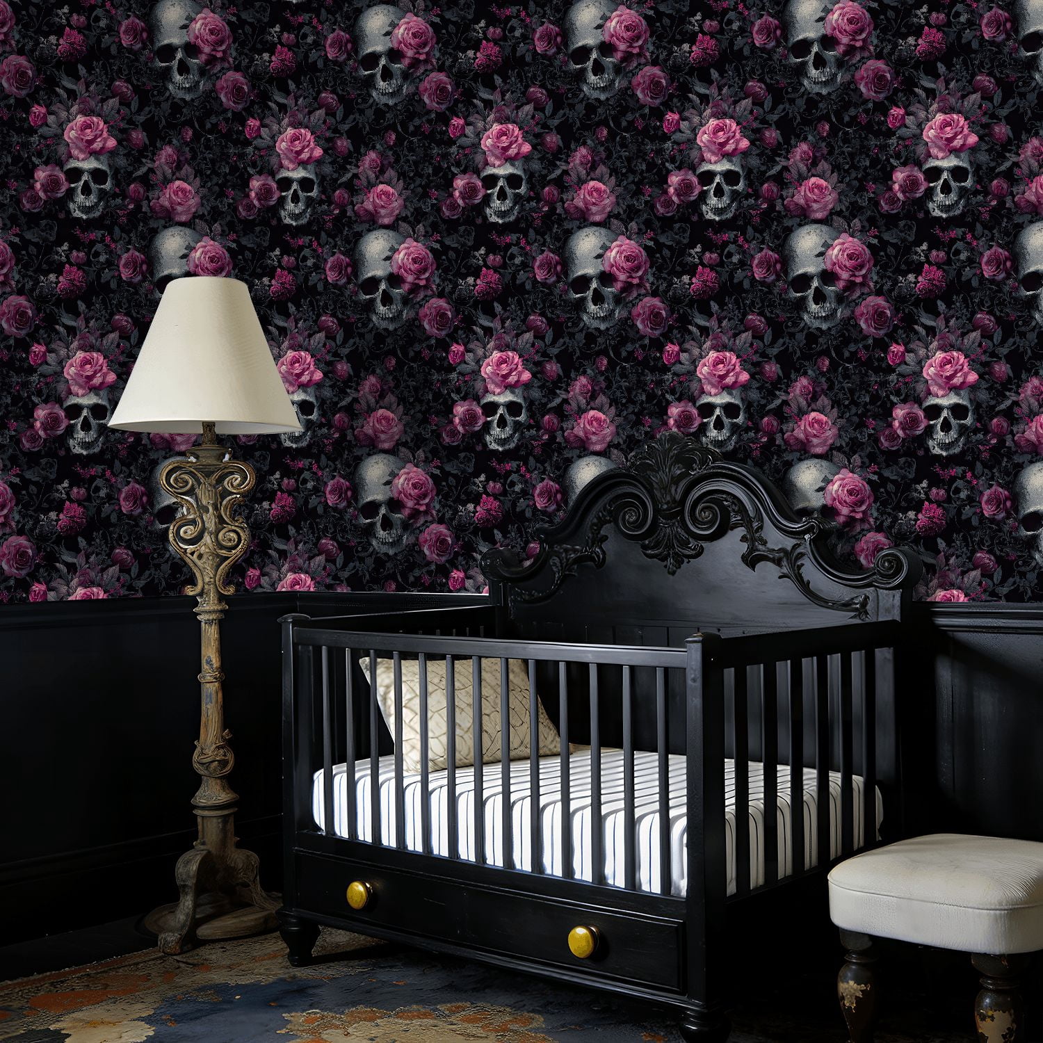 Boho Peel and Stick Wallpaper Gothic Skull Roses Dark Floral Wall Mural 17.7in x 9.8ft Self Adhesive Removable Wall Paper Renter Friendly Wallpaper for Bedroom Kitchen Farm