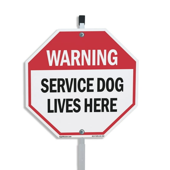 Warning Service Dog Lives Here 10 inch X 10 inch Octagon Plastic Sign with Aluminum Mounting Stake Weather Resistant UV Protected for Workplace Private Property and Construction Site