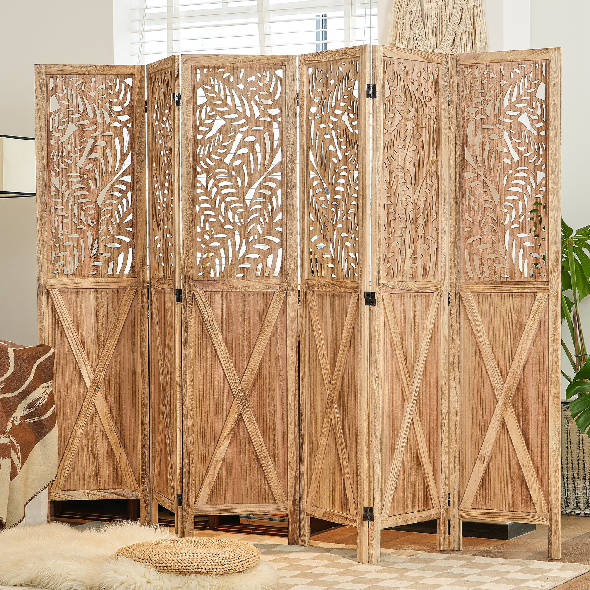 Jostyle 6 Panel Solid Wood Room Divider Privacy Screen - Freestanding Folding Partition with Barn Door Openwork Design, Paulownia Wood Frame Natural, No Assembly for Living Room, Bedroom, Office