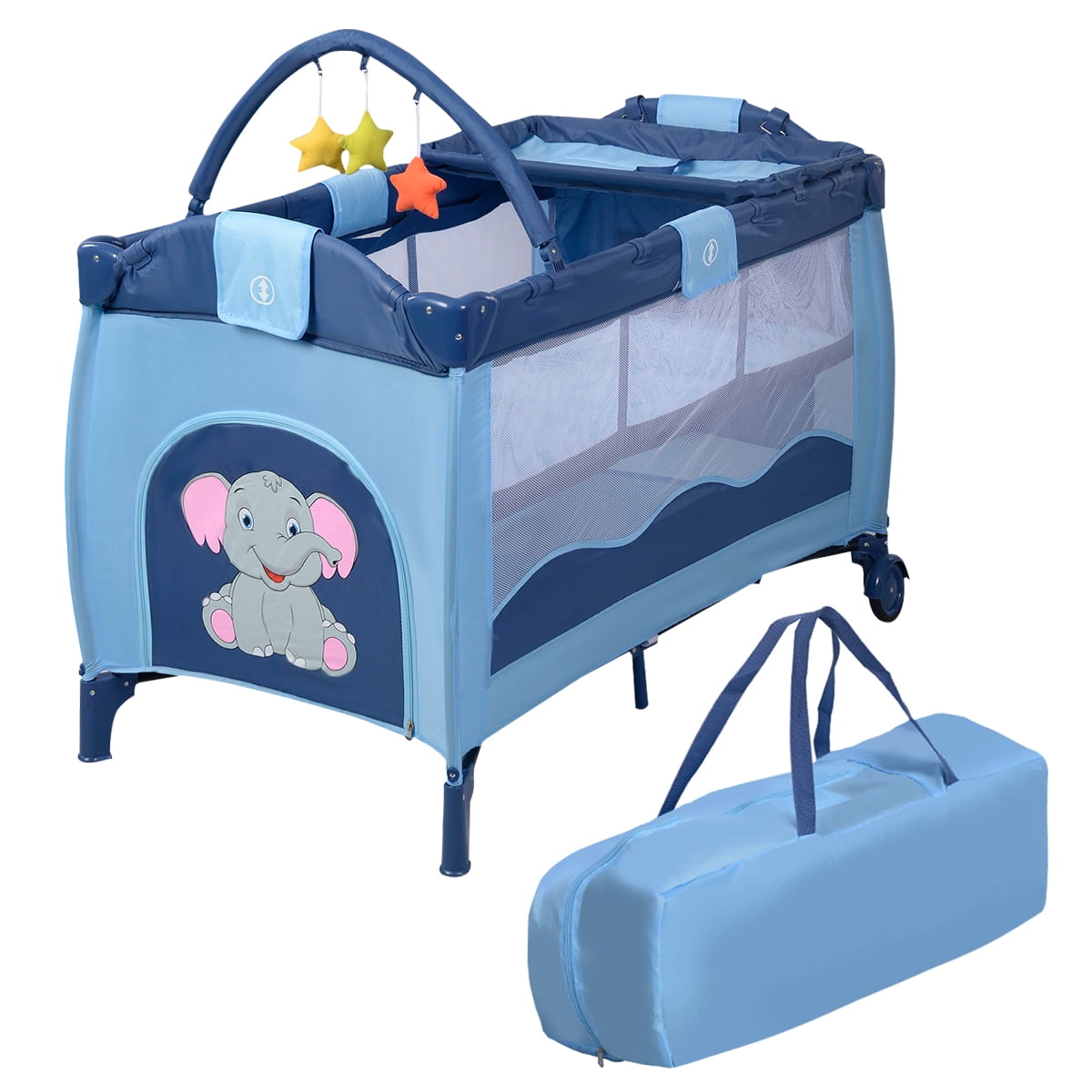 Baby Crib Infant Bed Folding W/Carry Bag Blue