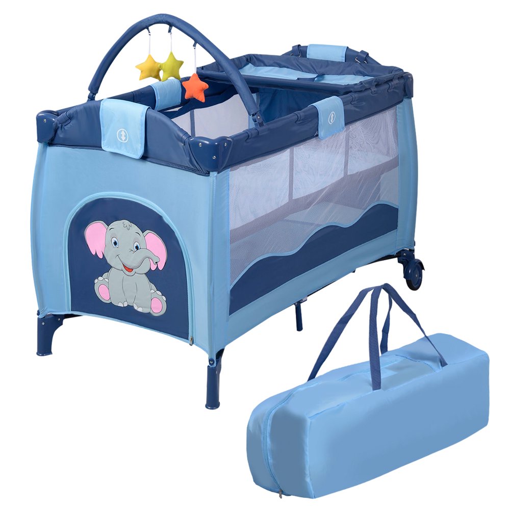 Baby Crib Infant Bed Folding W/Carry Bag Blue
