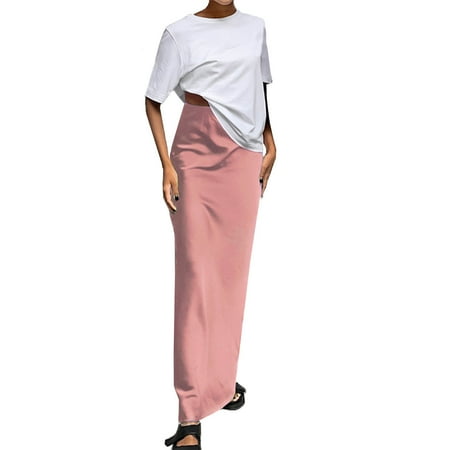 Mrat Bubble Skirts Women s Flowing Solid Color Elegant Dress Fashion Satin Drape Fishtail Skirt Denim Skirts S-8 Pink-A M
