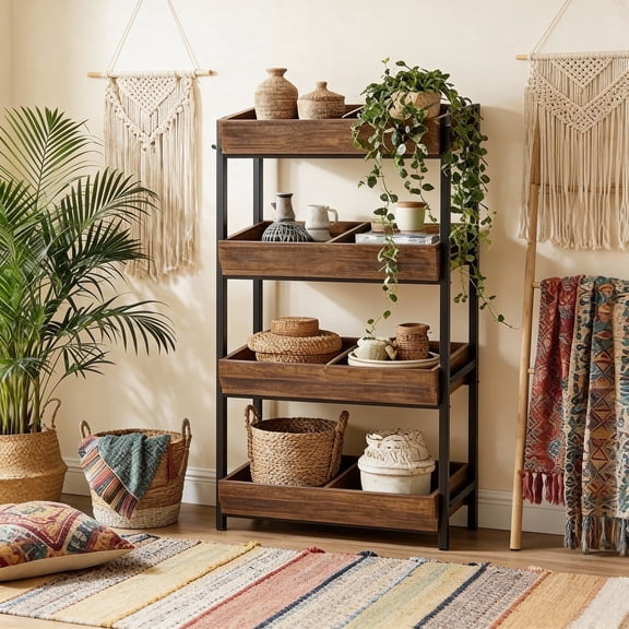 KIOOTTO 4-Tier Ironwood Logic Station – Heavy-Duty Categorized Pantry Commander with Anti-Shift Divided Bins and Industrial Lateral Utility Hooks in Rustic Ironwood