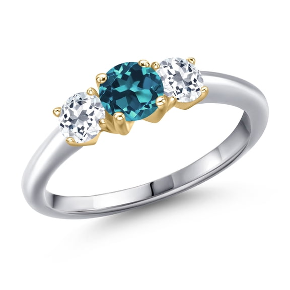 Gem Stone King 925 Silver and 10K Yellow Gold London Blue Topaz and White Topaz Engagement Ring for Women | 1.36 Cttw | Round 5MM | Gemstone November Birthstone | Size 5