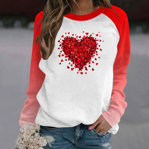 Jjayotai Valentine's Day Shirt, Women Love Heart Graphic Tees, Long Sleeve Raglans Baseball T Shirt Tops Red XXL