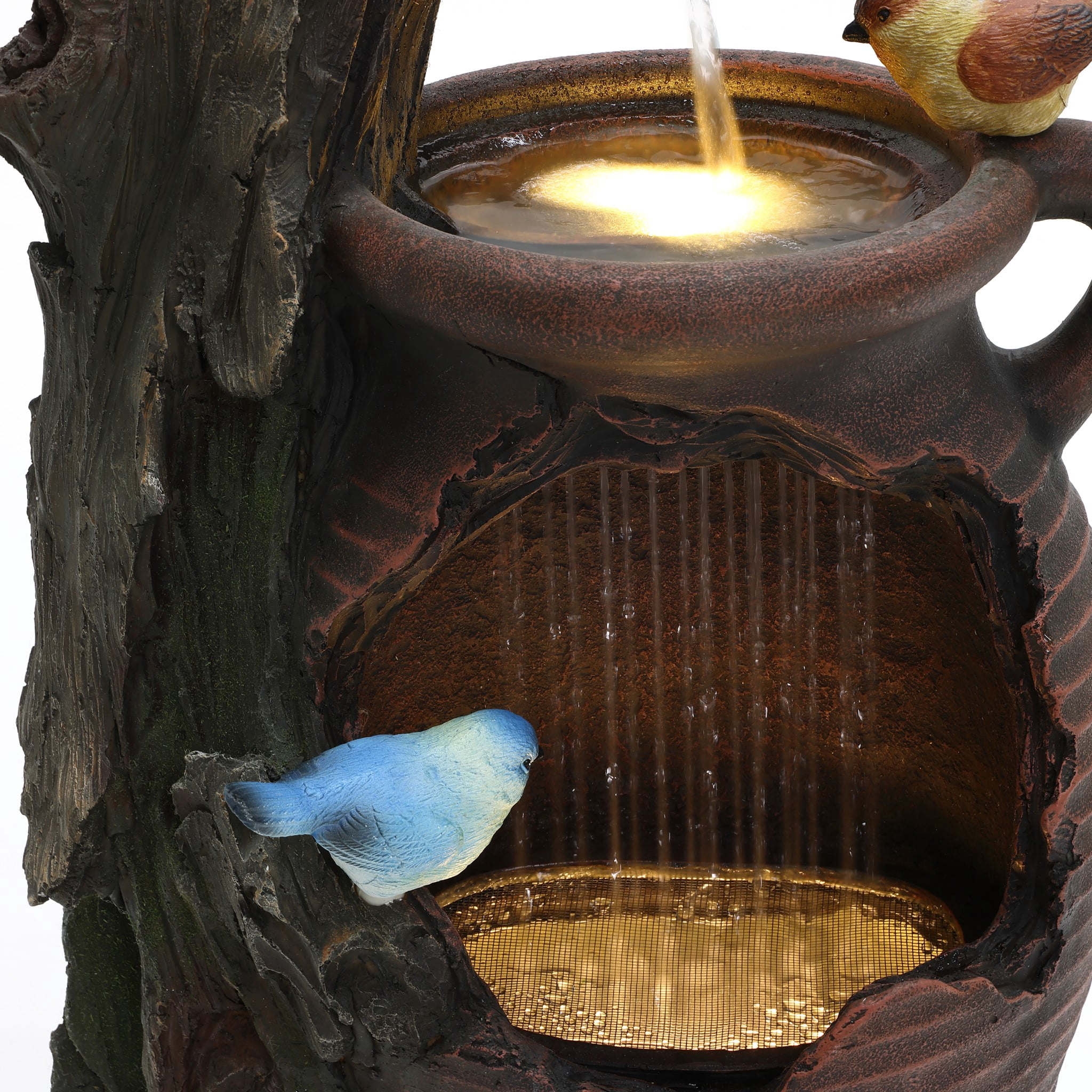 LuxenHome Rain Barrel with Tree and Birds 2.5-Feet Tall Outdoor Polyresin Fountains with Light