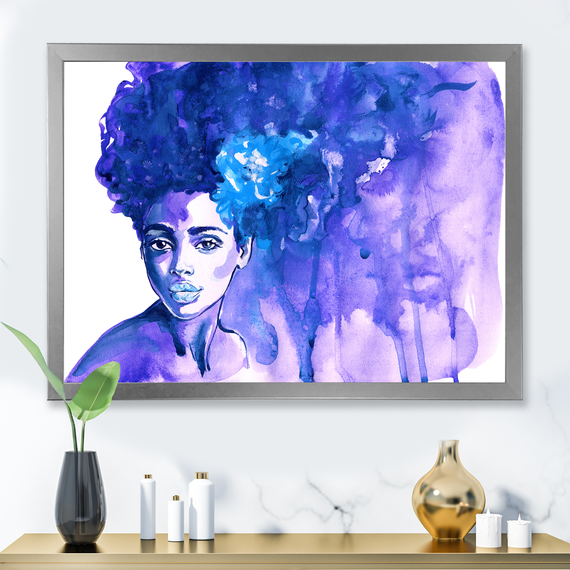 Designart 'Glorious Blue Portrait of Afro American Woman' Modern Framed Art Print