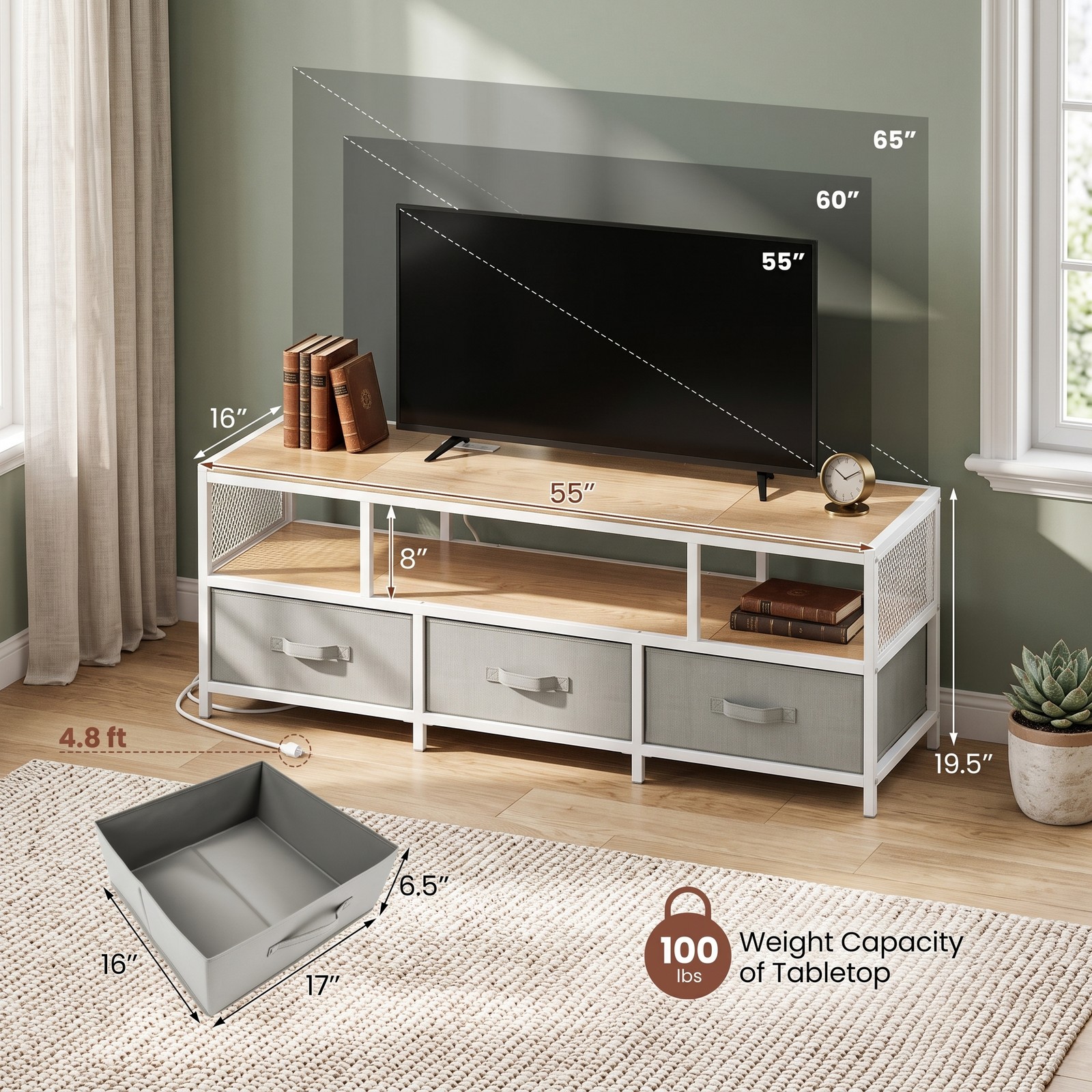 Furnibear TV Stand for TVs up to 65 Inches, Entertainment Center with Power Outlets USB Type-C Charging Station, 3-Tier Media Console with 3 Fabric Drawers, Natural