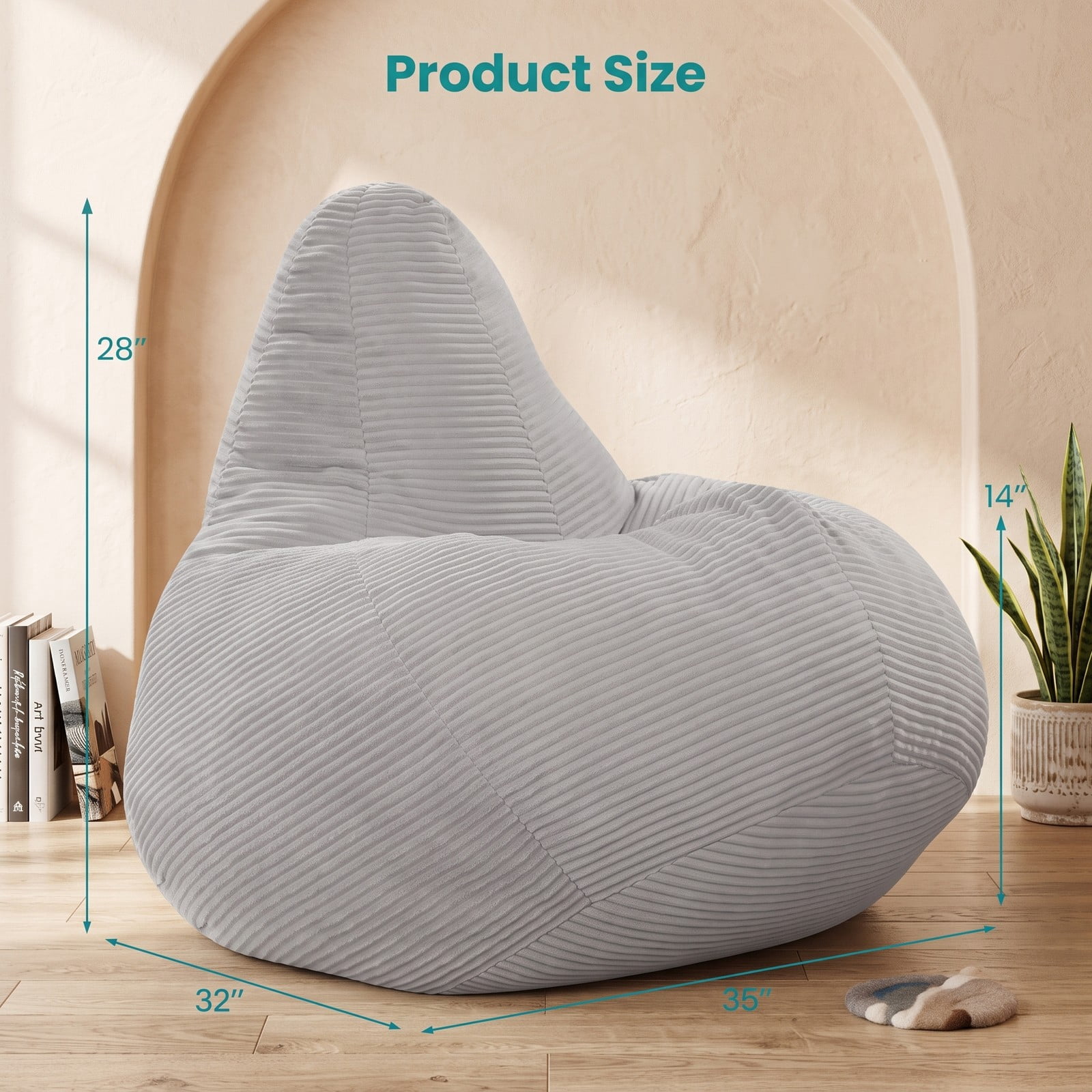 Furnibear Bean Bag Chair for Adults, Corduroy Lazy Lounger Accent Sofa with Soft Sponge Filling, Skin-Friendly Cover, Ergonomic Reading Gaming Seat for Bedroom, Gray