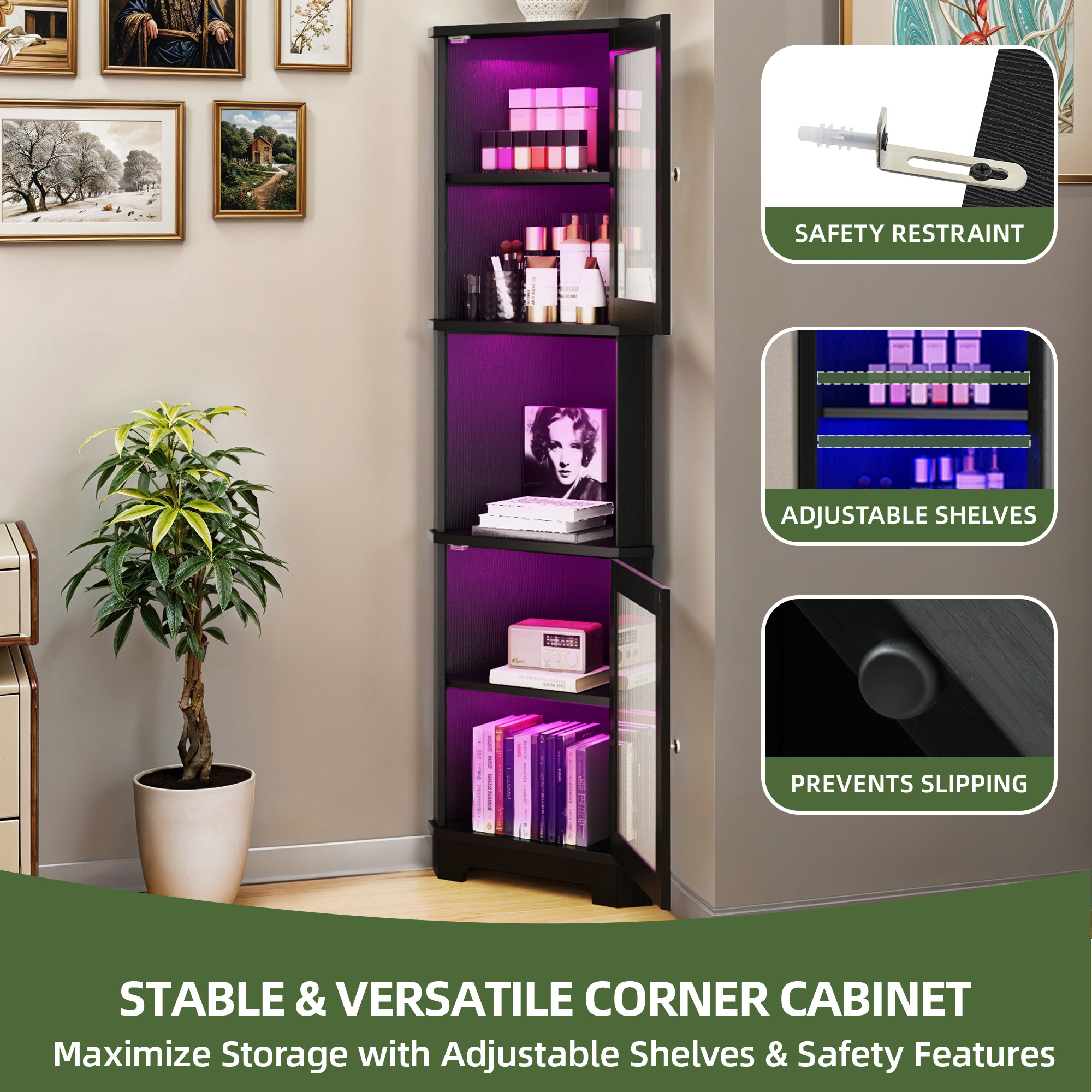 Uforic 67"Tall Corner Storage Cabinet with Door & LED Light, 5 Tier Corner Bookcase Cabinet, Black