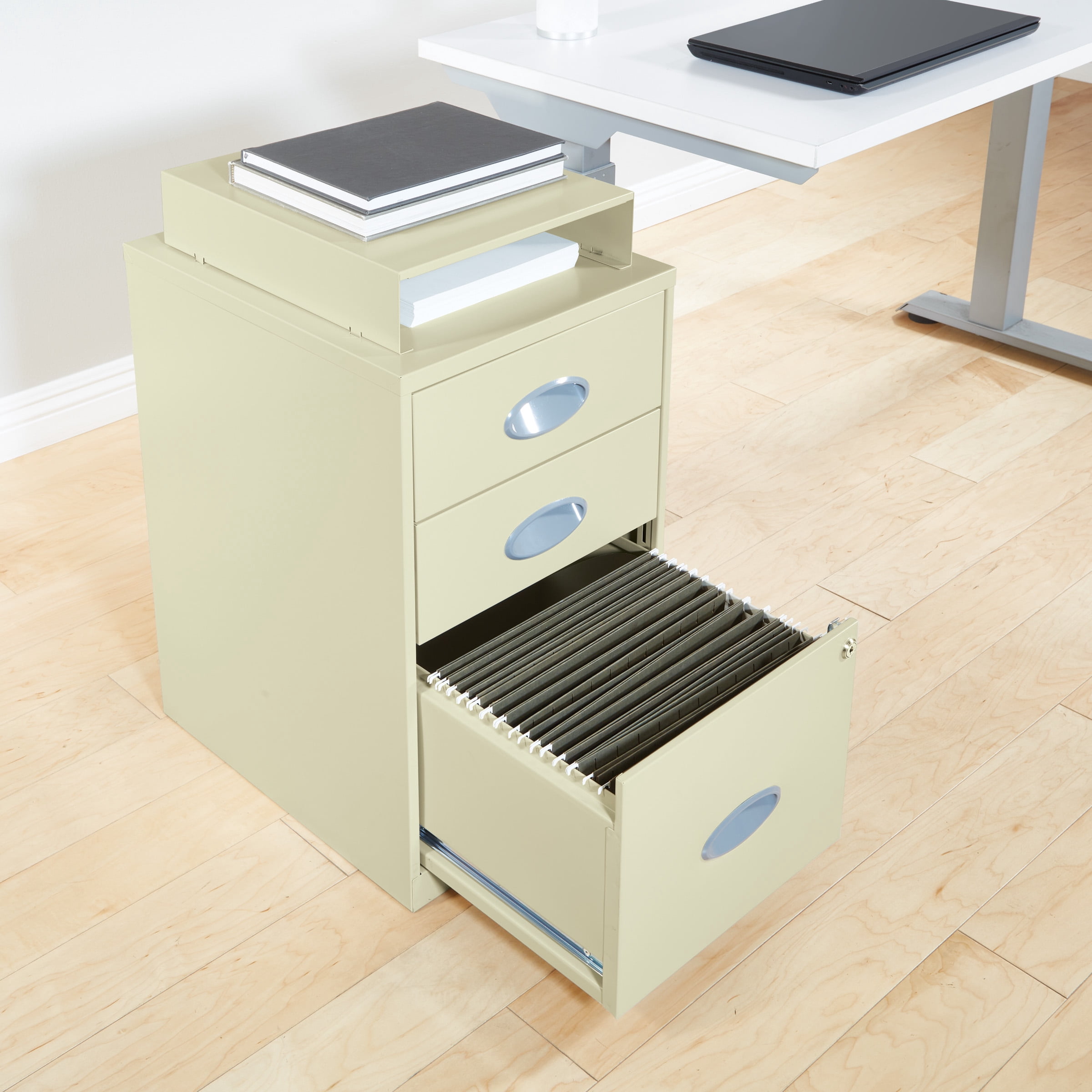 3 Drawer Locking Metal File Cabinet w/ Top Shelf in Tan