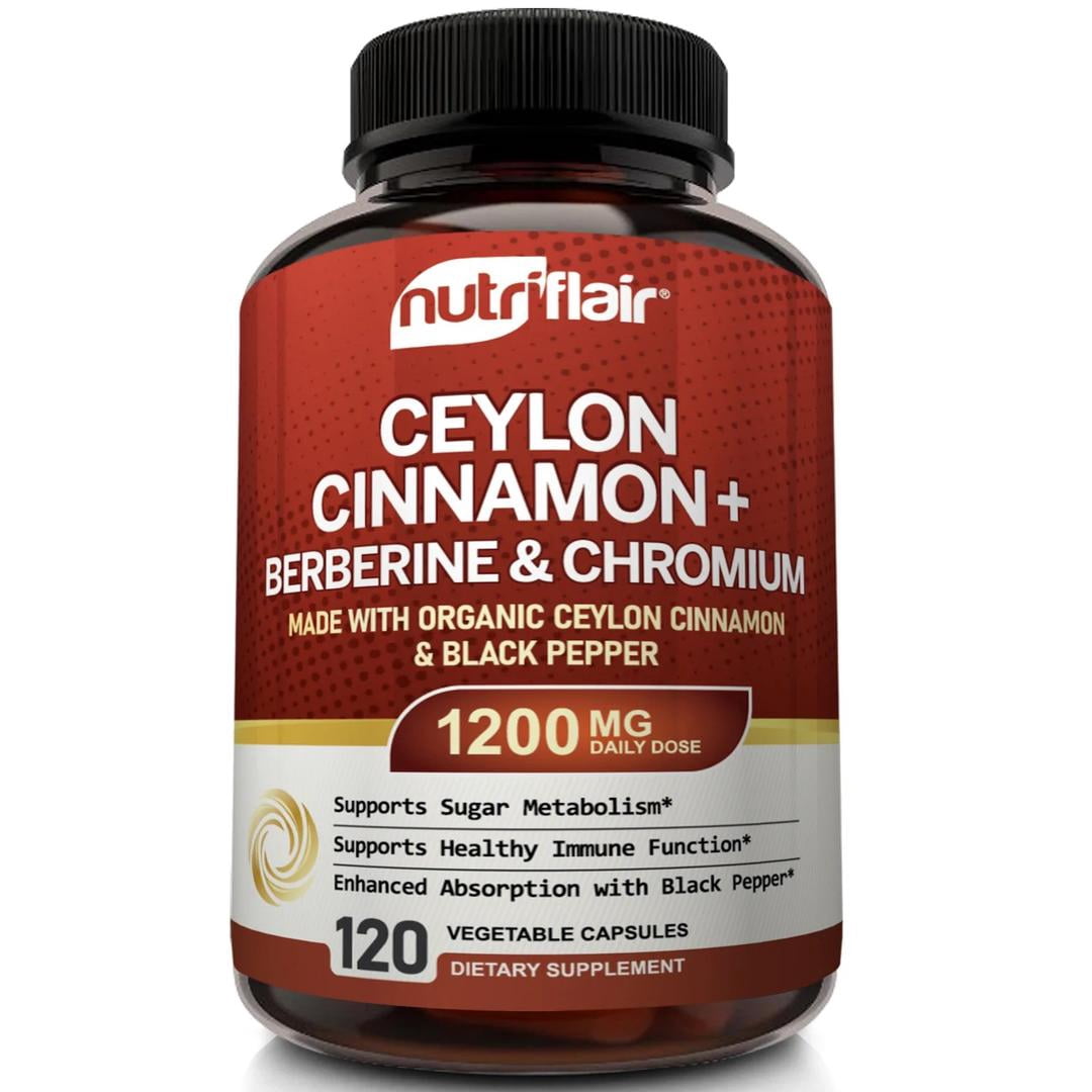 NutriFlair Ceylon Cinnamon Capsules with Berberine HCL, Chromium, and Black Pepper, 1200 mg per Serving, 120 Count
