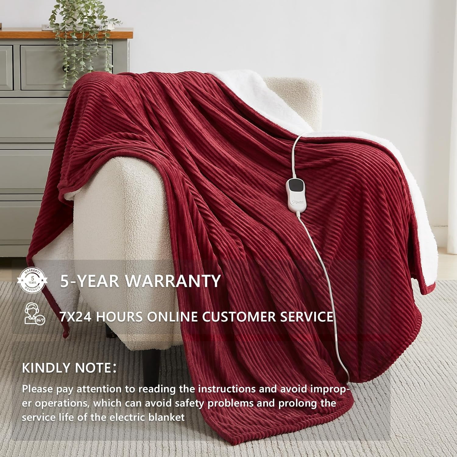 L'AGRATY Electric Heated Throw Blanket, Flannel & Sherpa Cozy Soft Electric Throw with 5 Heat Settings & 4 Hours Auto -Off, 84x90 Inch, Red