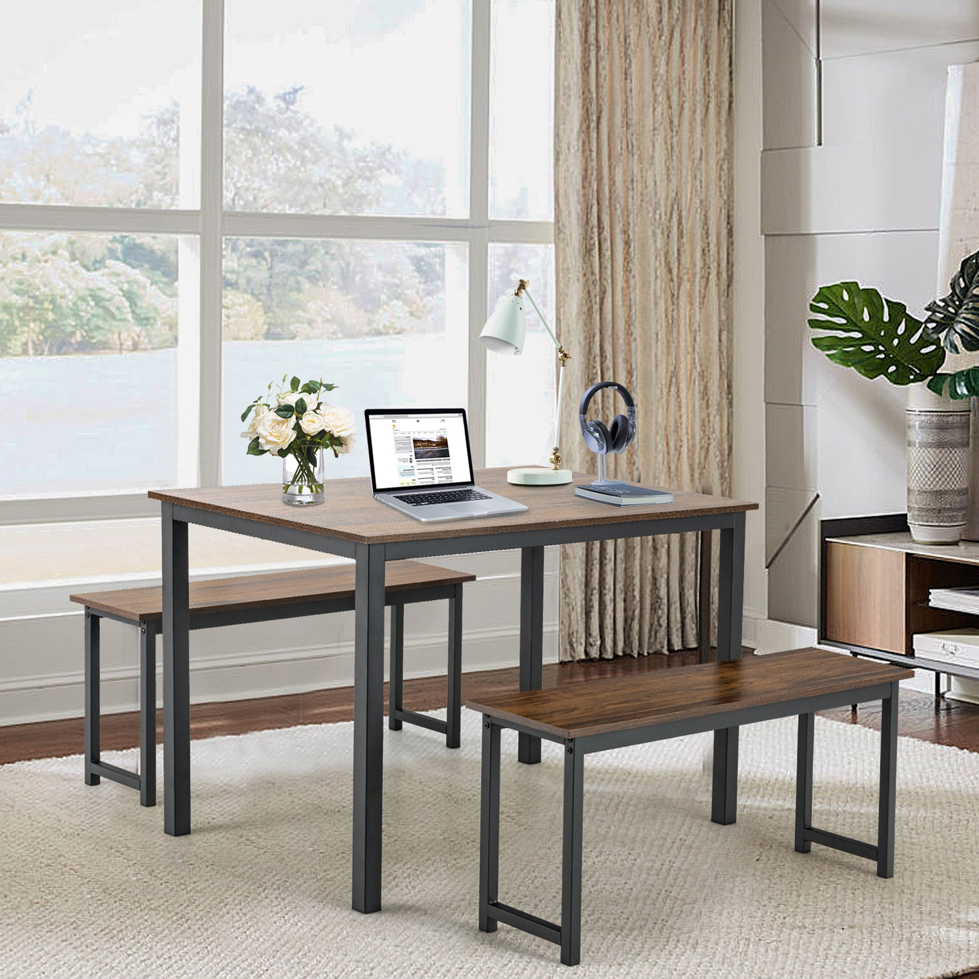 Gymax Brown Modern 3 PCS Dining Table Bench Set w/ Metal Frame & Wooden Tabletop