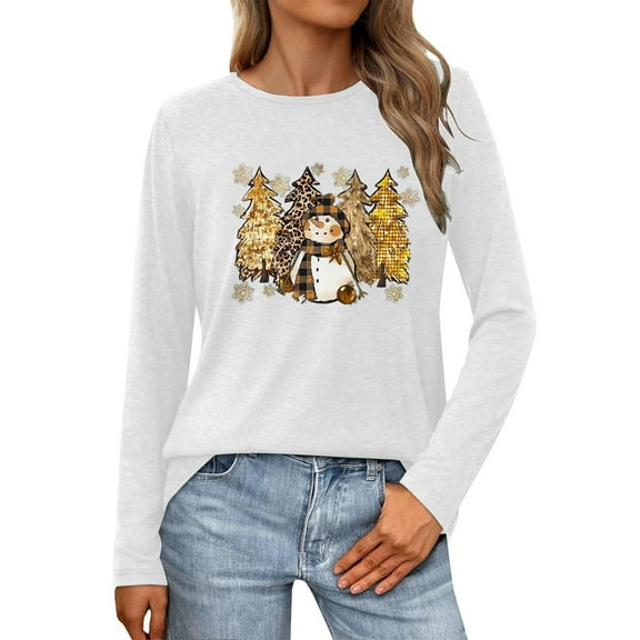 Telankuip Womens Crew Neck Long Sleeve Christmas T-Shirts Merry Christmas Leopard Plaid Tree Graphic Tee Tops 2025 Fashion Cute Snowman Printed Soft Cozy Pullover Tshirts White XL