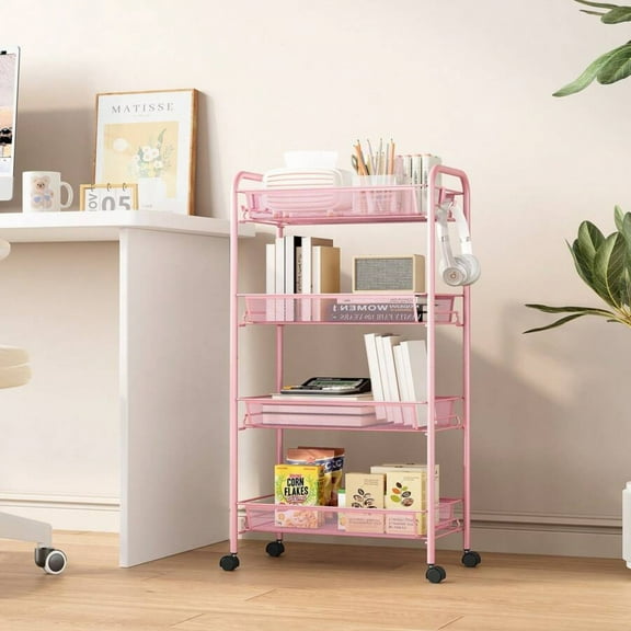 4-Tier Rolling Metal Cart - Easy-Assemble Mobile Storage Trolley with 3 Hooks for Kitchen, Bathroom, Laundry Room & Outdoor Use