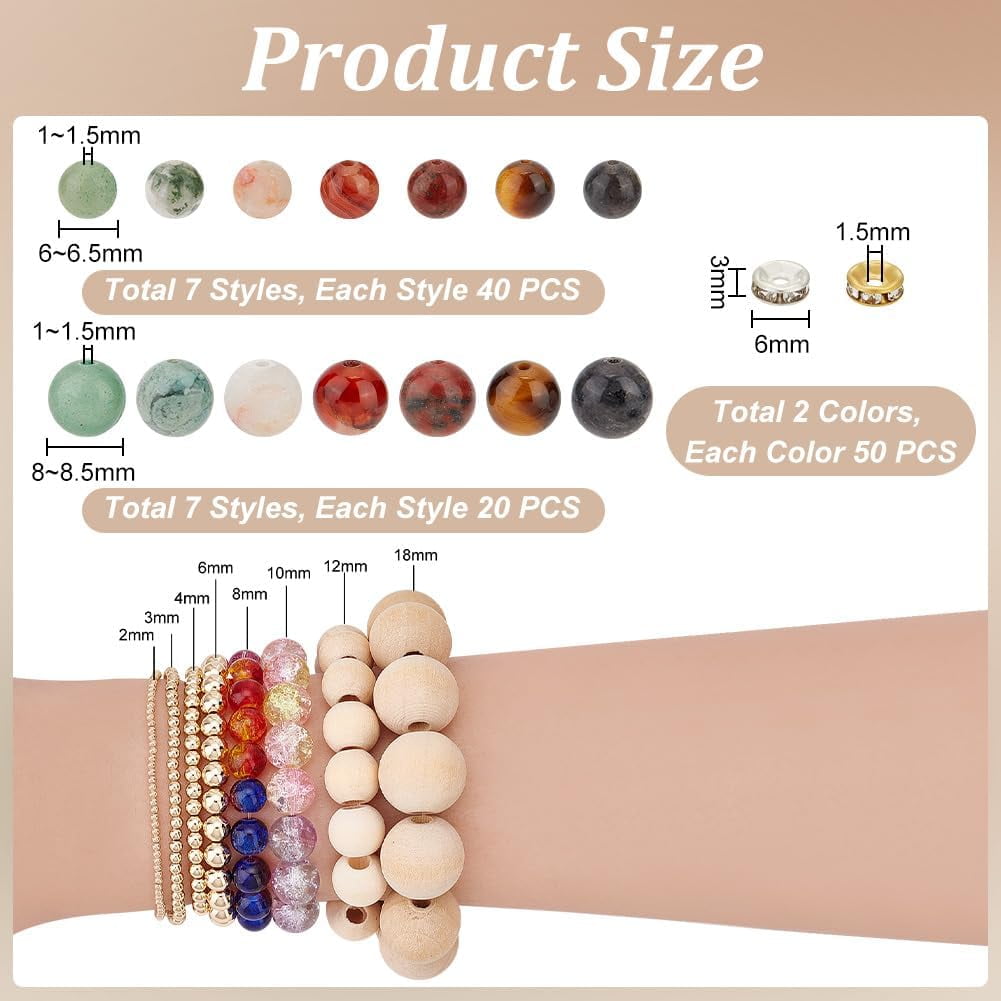 PH 520pcs Stone Beads Kit for Jewelry Making 14 Styles 6/8mm Natural Gemstone Beads Marble Loose Beads Round Smooth Beads with Iron Rhinestone Spacer Beads for Bracelet Necklace Earring colorful