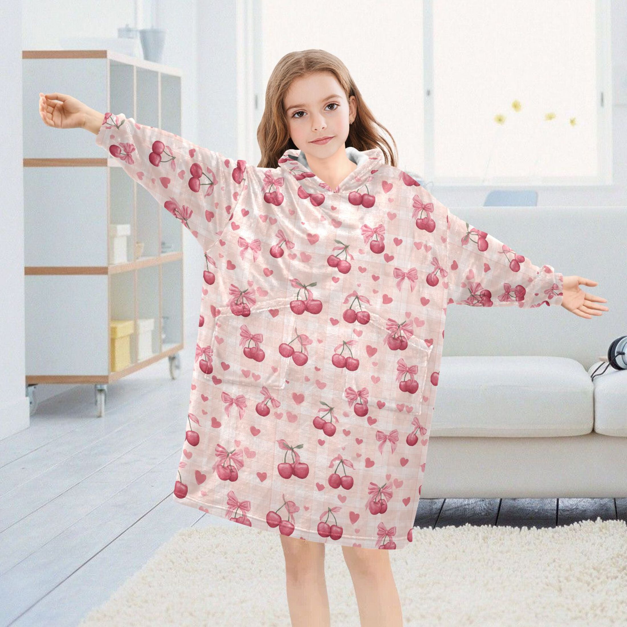 Wearable Blanket Hoodie for Kids Cute Pink Cherries with Bows Flannel Hooded Blanket with Pockets and Sleeves Suitable for Boys and Girls