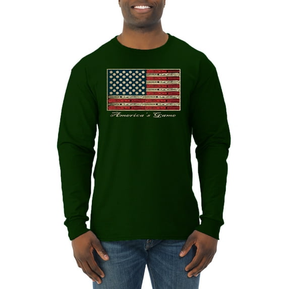 Wild Bobby, American Game Flag Baseball Bat Ball, Sports, Men Long Sleeve Shirt, Forest Green, Small