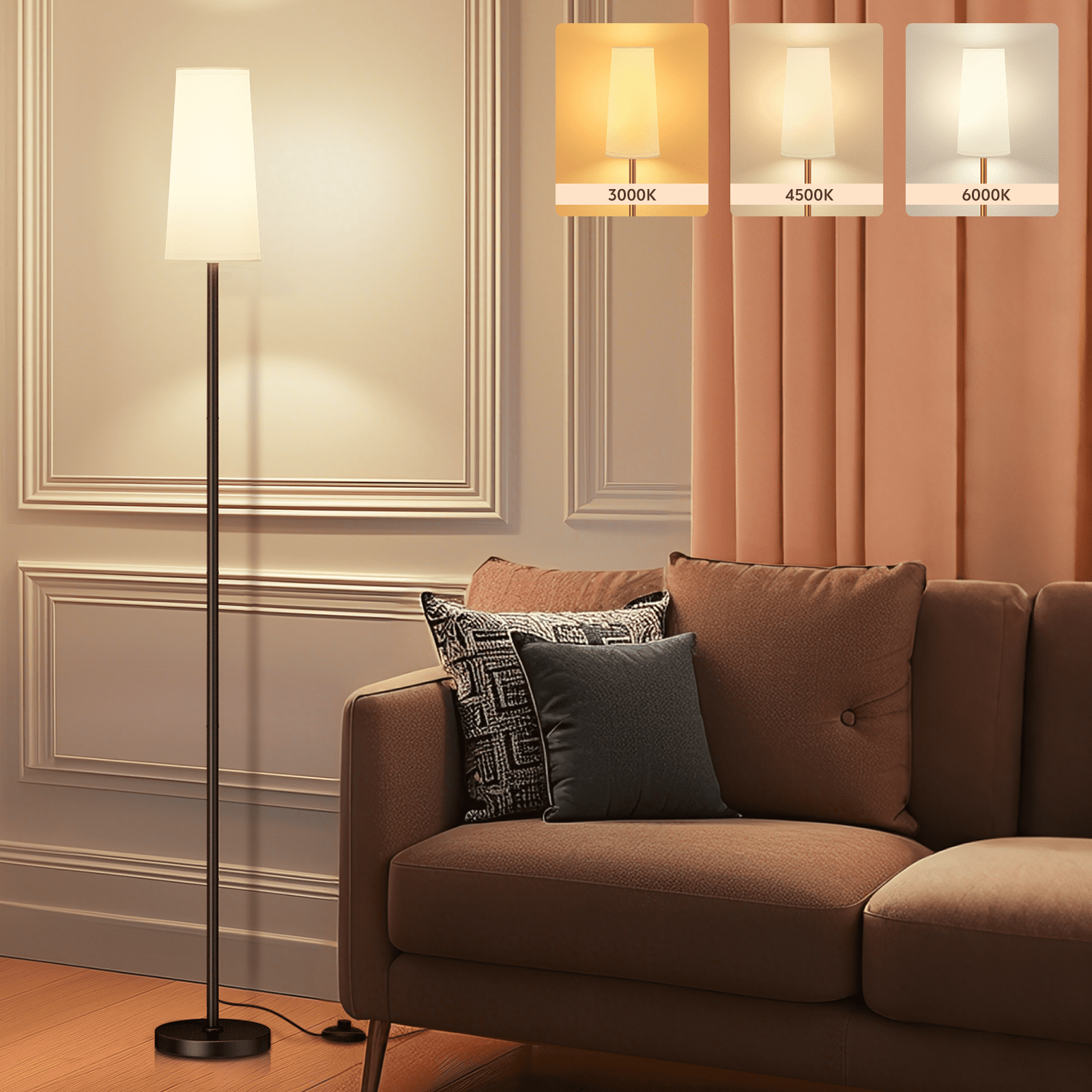 66" Floor Lamps for Living Room 3 Color Temperature Dimmable Standing Lamp Tall Pole Lamps for Bedroom, Office,Black,Bulb Included