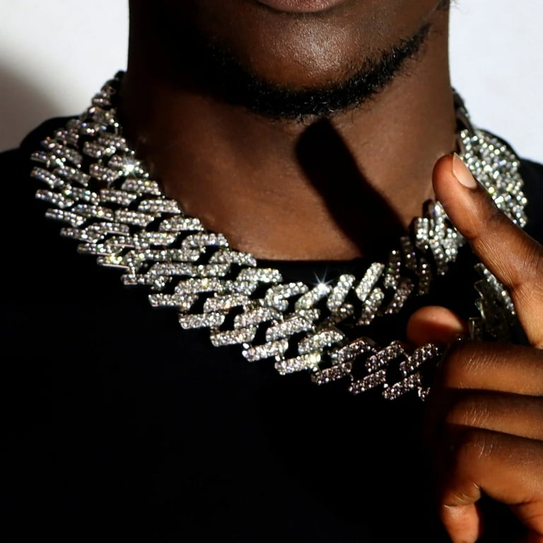 GQ Iced Out Rhinestones Cuban Chain Necklace For Men Women Bling
