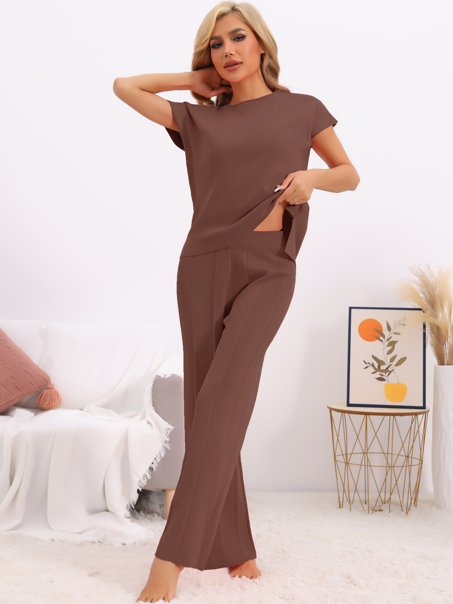 DARING DIVA Women's 2-Piece Short Sleeve Tops Wide Leg Pants Sets XS Coffee