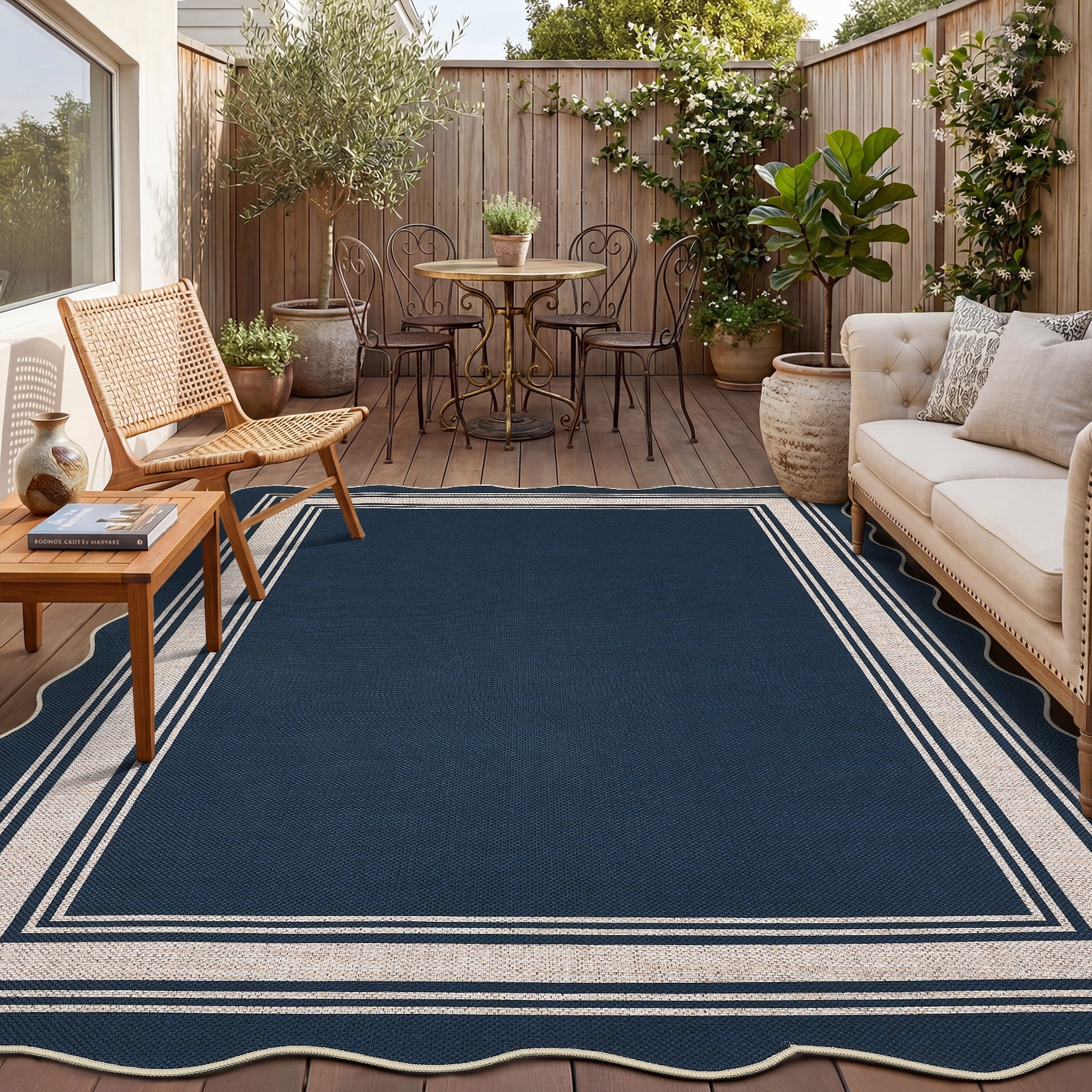 Nanan Scalloped Area Rug 8'x10' Edge Jute Rug, Washable Non Slip Low Pile Indoor Outdoor Rug Farmhouse Carpet for Living Room Dining Room Patio Entryway, Blue
