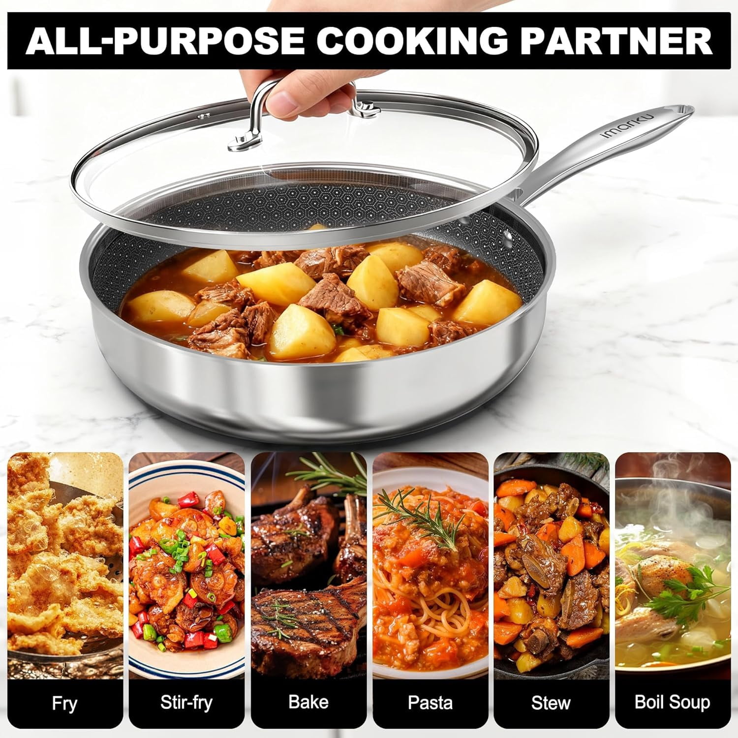 12 Inch Non Stick Frying Pan with Lid, Stainless Steel Deep Skillet with Ceramic Coating for Family Meals Induction Cookware Oven Dishwasher Safe PFOA