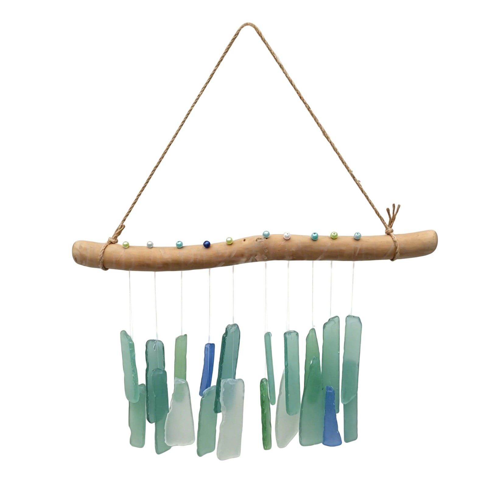 1Pcs Handcrafted Sandblasted Sea Glass Wind Chime Ocean Breeze Coastal Decor Artisan Beach Glass and Wood Hanging Chime for Porch Patio Garden and Seaside Home Decoration 11.8 Inch Sky Blue