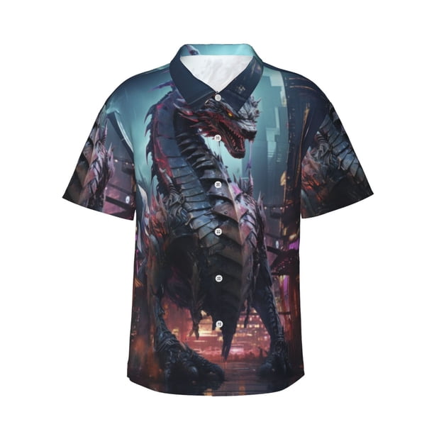 Balery Urban Mechanical Dragon Camisas hawaianas de manga corta para hombre, camisas playeras de corte holgado, camisas de vacaciones con botones,X-Large