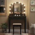 thumbnail image 6 of Makeup Vanity Set with Lighted Tri-Folding Mirror, Vanity Table with 10 LED Light Bulbs & 3 Color Lighting Modes, Dressing Desk with 5 Storage Drawers & Cushion Stool,Black, 6 of 9