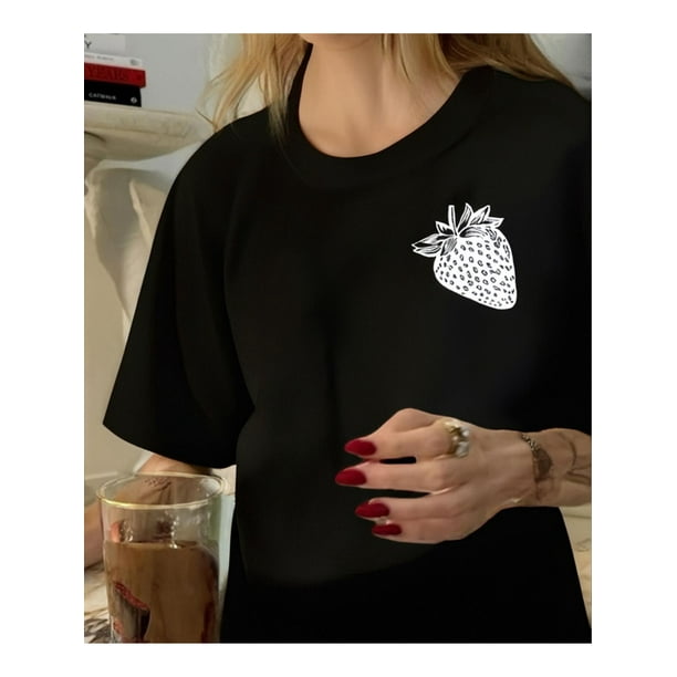 Camiseta retro con estampado de fresa para mujer: algodón suave, cuello redondo, manga corta, top veraniego con diseño "Sheet Love". Camiseta con fresas, top deportivo informal.