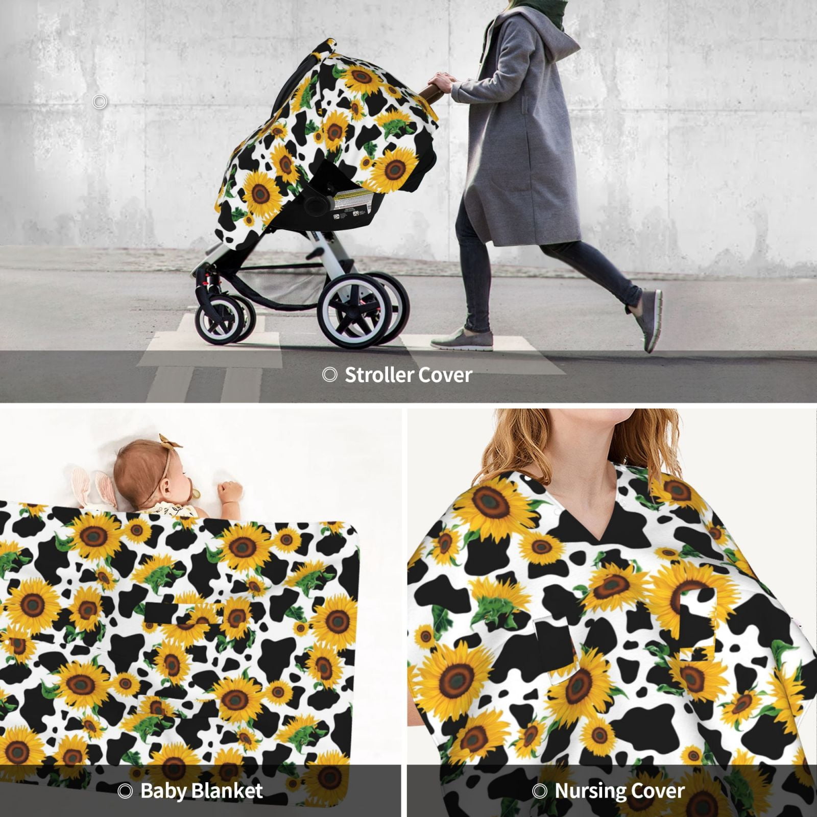 Car Seat Cover Baby - Cute Cow Print Sunflower D Breathable Infant Car Seat Cover for Baby Carseat, Lightweight Comfort Baby Essentials Must Haves Newborn Stuff for Girl Boy