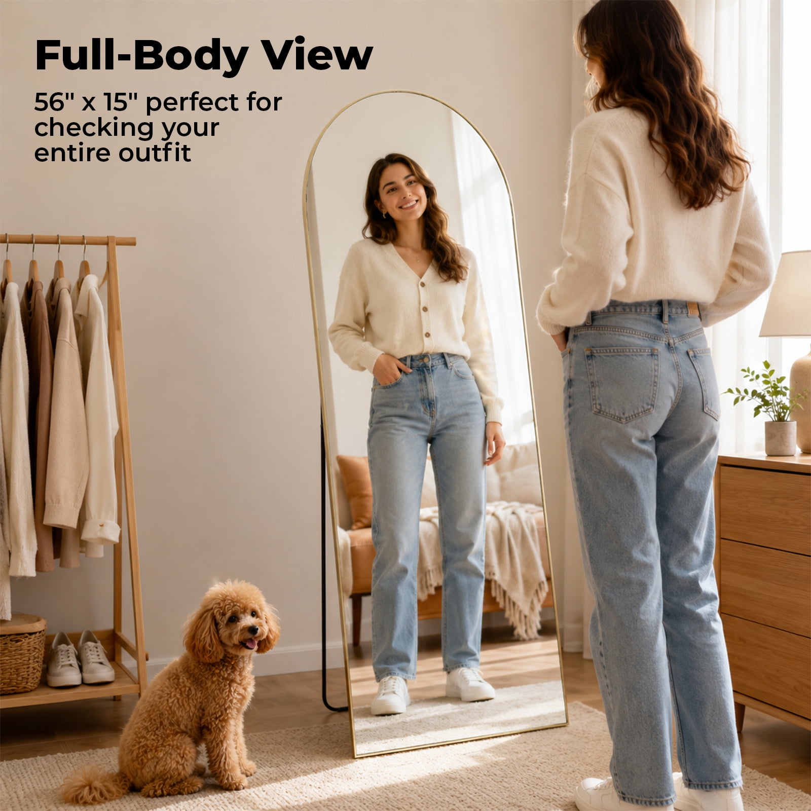 Alvantor 56"x15" Mirror Full Length Full Body Mirror with Stand, Shatterproof Tempered Glass, Modern Aluminum Alloy Frame, Free Standing or Leaning for Home Decor