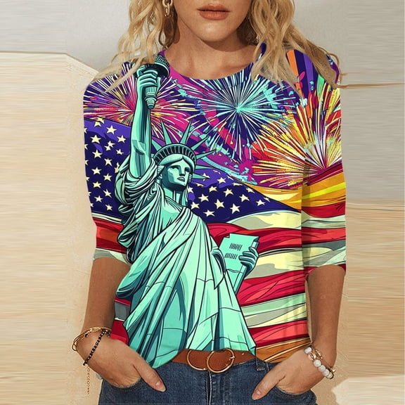 Cavosen Red White and Blue Tops for Women Petite Patriotic 3/4 Sleeve Round Neck Tops USA Star Striped Print T Shirts Lady XL Independence Day Casual Tops 4th of July Tunic Tees Patriotic Clothes