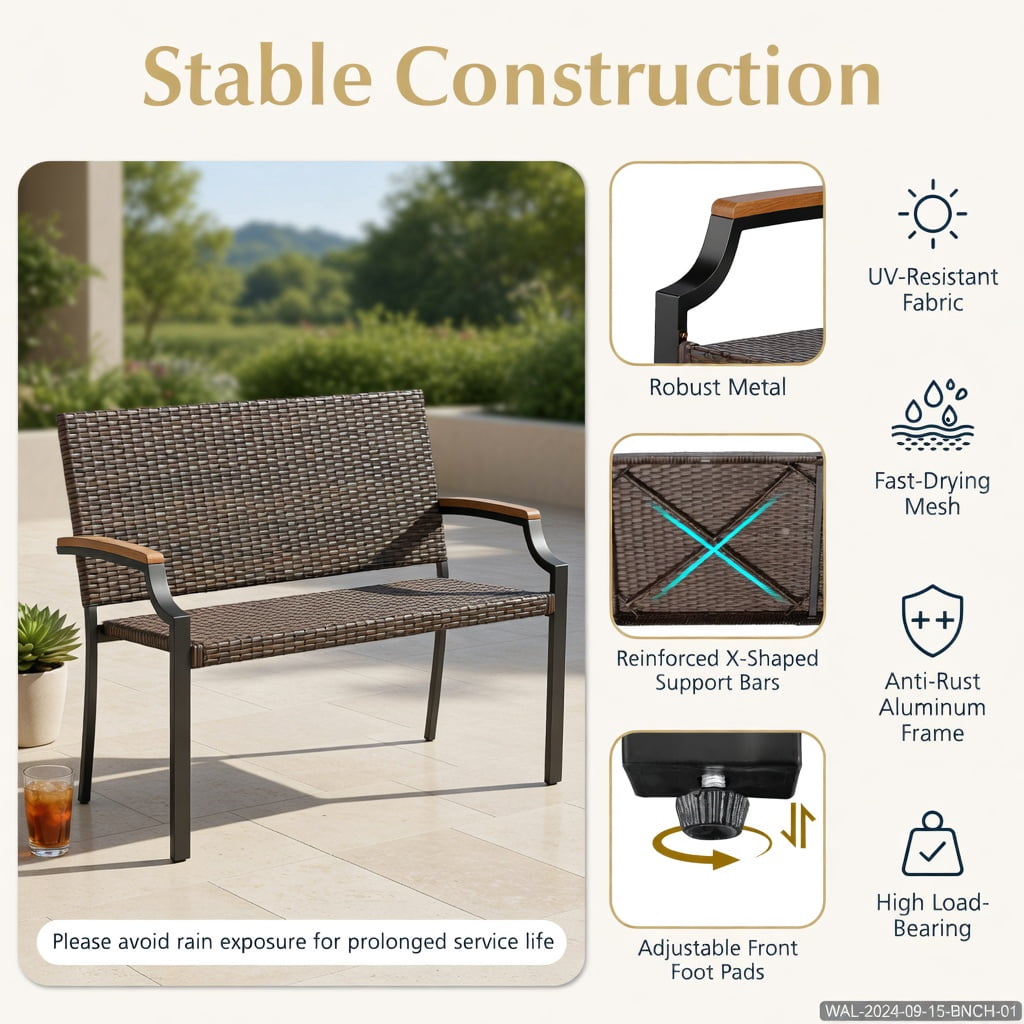 Hommoo Outdoor Wicker Loveseat with Acacia Wood Armrests & Heavy-Duty Metal Frame, PE Rattan Stackable Patio Sofa for Backyard, Porch, Garden, Brown