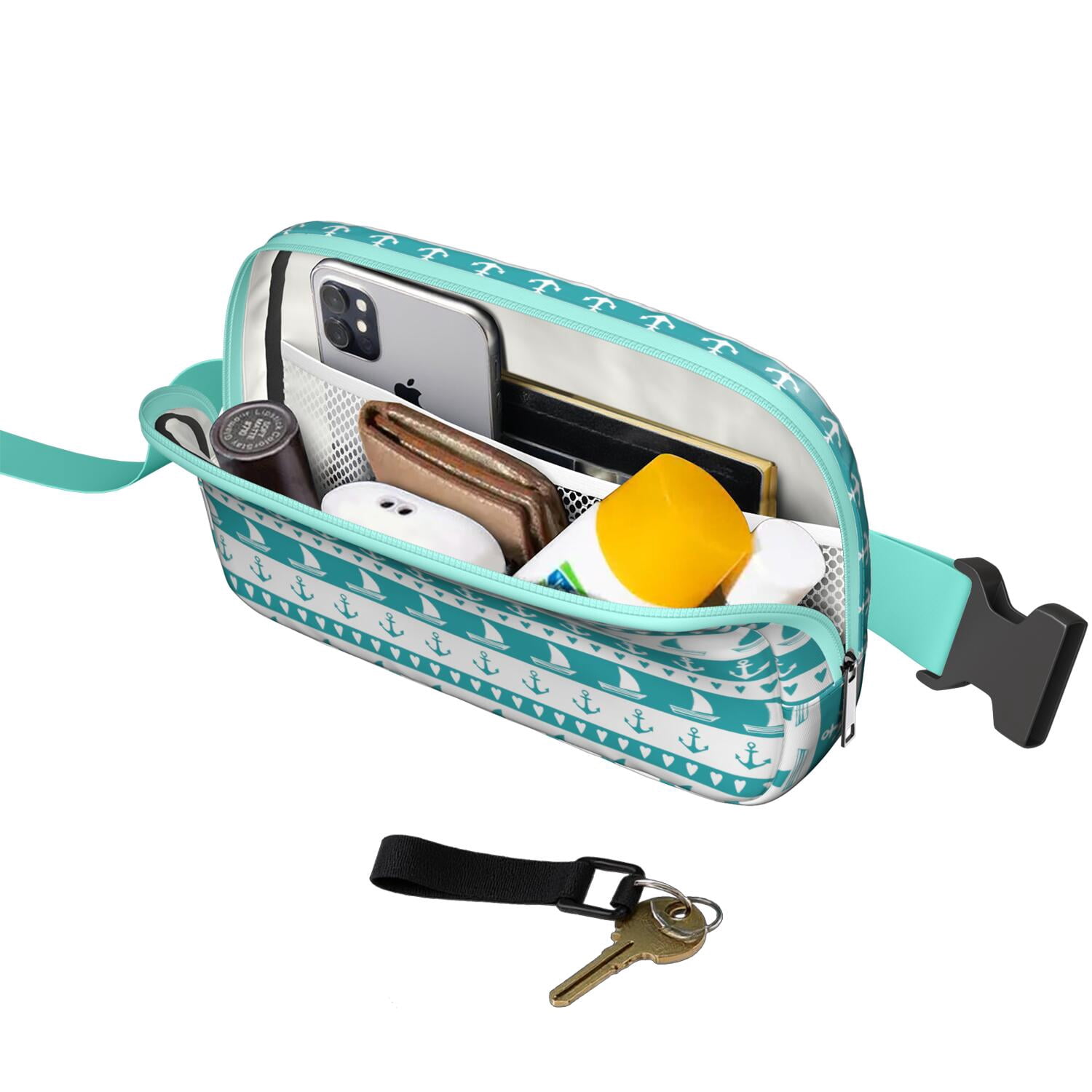Marine Map Waist Bag – Nautical Travel Fanny Pack with Lighthouse, Anchor, Beacon & Coral Print, Great for Sailing & Coastal Getaways