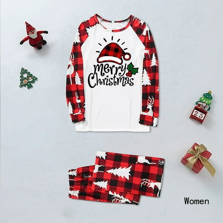 

Women Mom Family Christmas Pajamas Cute Christmas Hat Print Pajamas Plaid Holiday Pajamas Set Parent Child