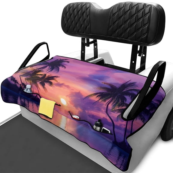 XYZCANDO Tropical Sunset Palm Print 2-Seat Golf Cart Seat Cover | Non-Slip Washable Terry Cloth With 4 Storage Pockets
