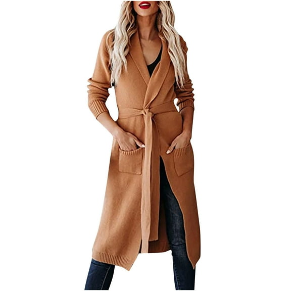 ShomPort Womens Fall Fashion Knit Cardigan with Straps Casual Long Sleeve Solid Color Coat with Pockets