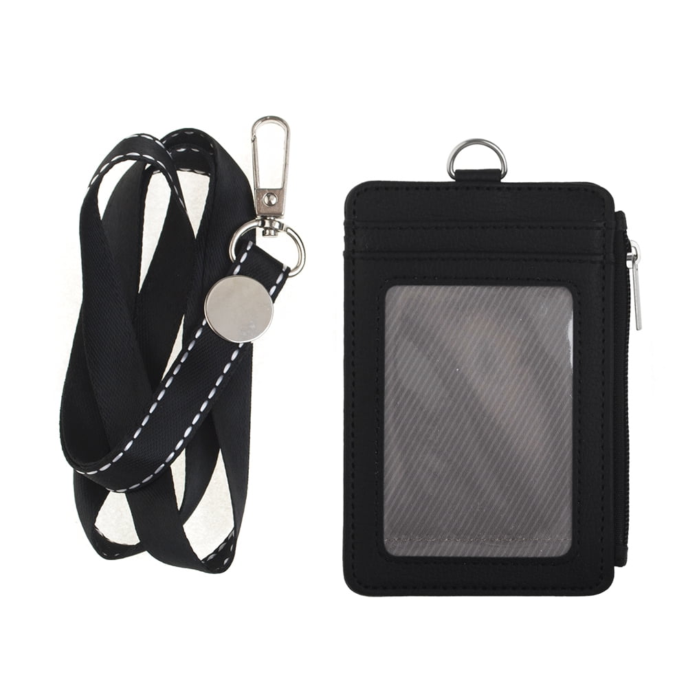 GOGO ID Badge Card Holder Zip Leather Wallet Case w/ Lanyard & Retractable Reel 